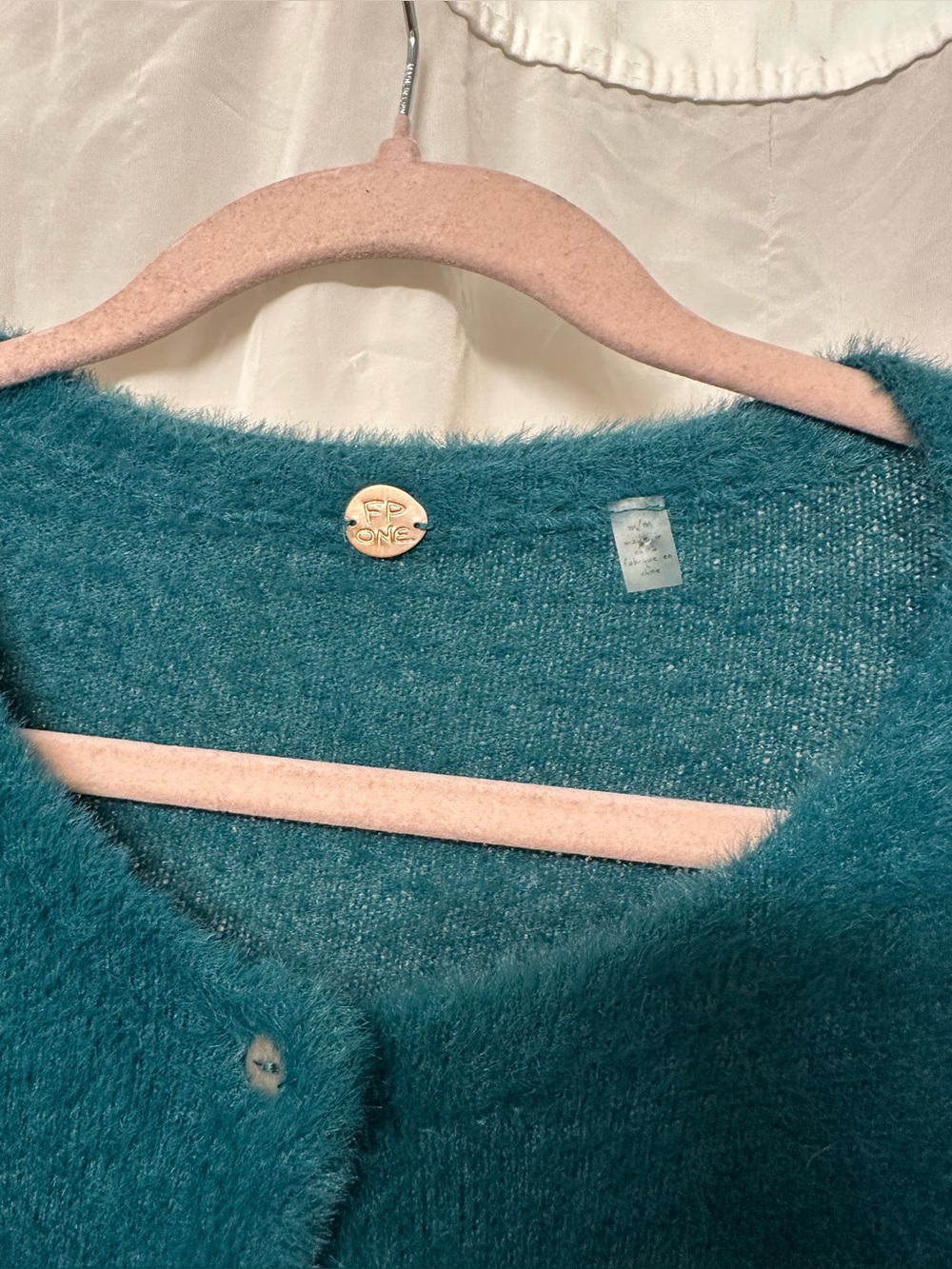 FREE PEOPLE Sz M FP ONE WYATT CARDI SOFT FUZZY BUTTON FRONT CARDIGAN TEAL - Picture 6 of 13